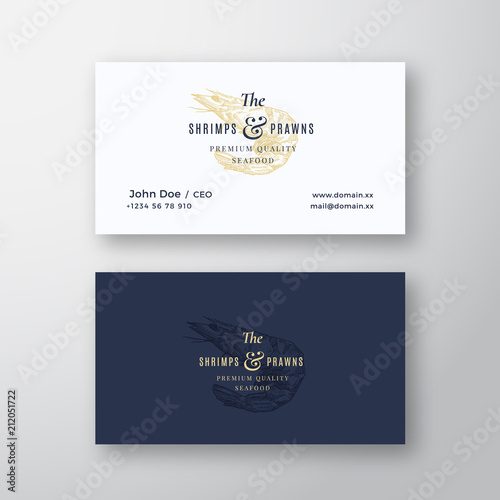 Shrimps and Prawns Seafood Abstract Elegant Vector Sign or Logo and Business Card Template. Premium Stationary Realistic Mock Up. Modern Typography and Soft Shadows.