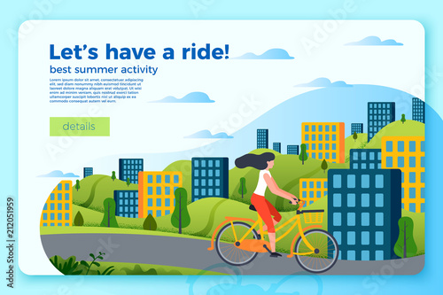 Vector bright bicycle ride banner template with girl on a bike. City and green hills on a bright blue background.