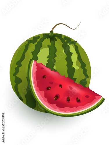 Fresh and juicy whole watermelons and slices on white background. 