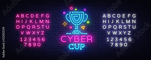 Cybersport Vector Cup emblem. Cyber Cup neon sign, design template for Cyber Championship, Gaming Industry, Light banner, Bright Neon advertisement. Vector illustration. Editing text neon sign