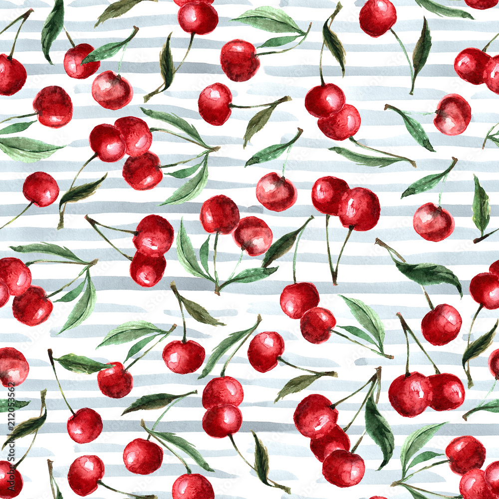 Seamless pattern watercolor berry cherry and leaves. Repeating background. Hand drawn illustration. On a striped background. Seamless pattern watercolor berry cherry and leaves. Repeating background. Hand drawn illustration. On a striped background.