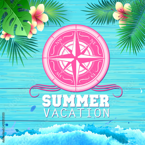 Summer poster on blue wooden background. Lettering holiday summer vacation.