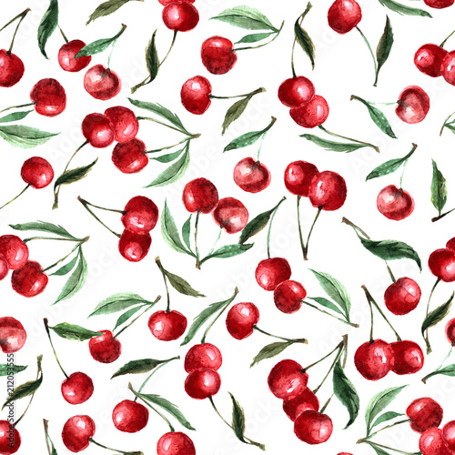 Seamless pattern watercolor berry cherry and leaves. Repeating background. Hand drawn illustration Isolated on white.