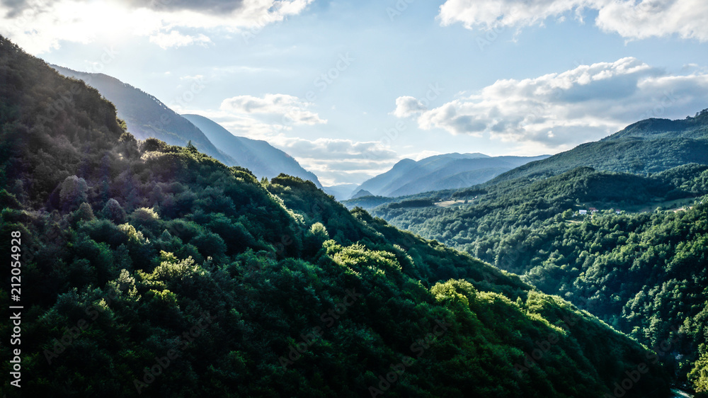 Naklejka premium View of the mountain forest valley on a Sunny day.