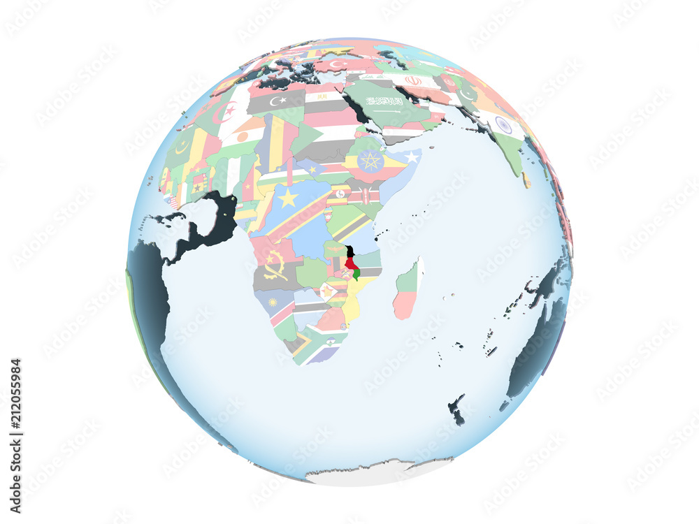 Obraz premium Malawi with flag on globe isolated