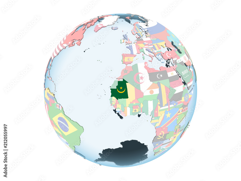 Mauritania with flag on globe isolated