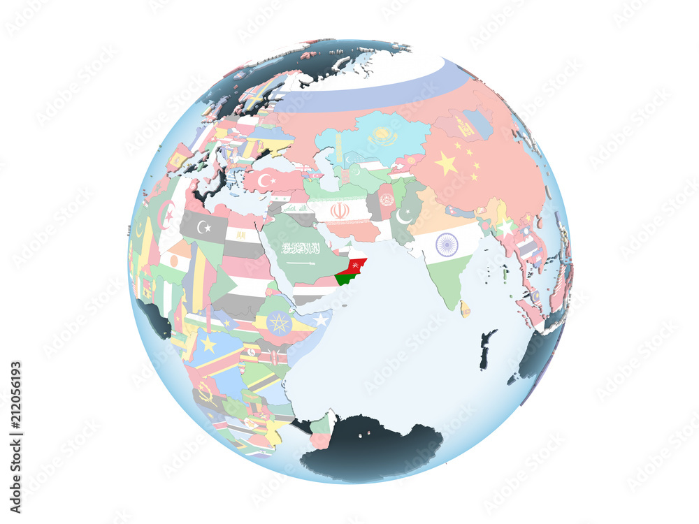 Fototapeta premium Oman with flag on globe isolated