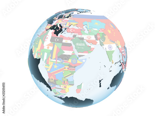 Djibouti with flag on globe isolated