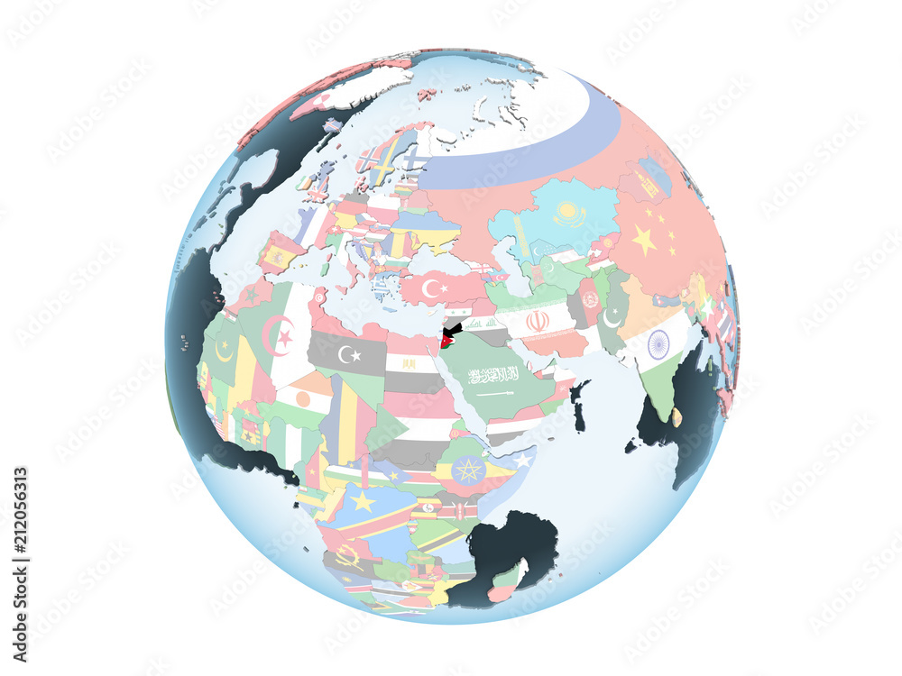 Fototapeta premium Jordan with flag on globe isolated