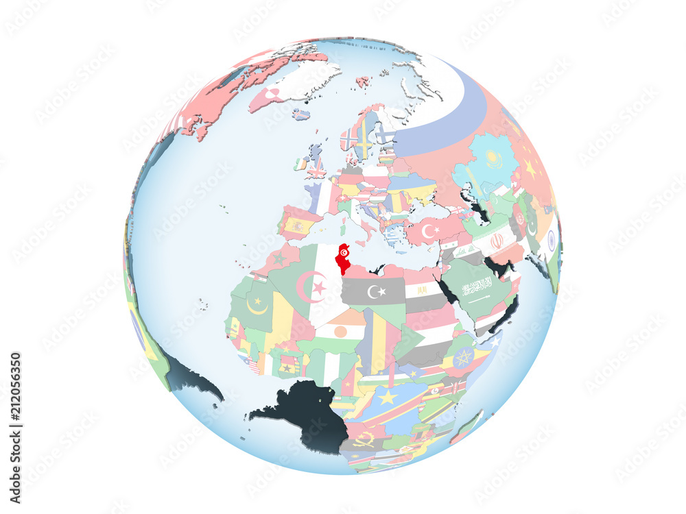 Obraz premium Tunisia with flag on globe isolated