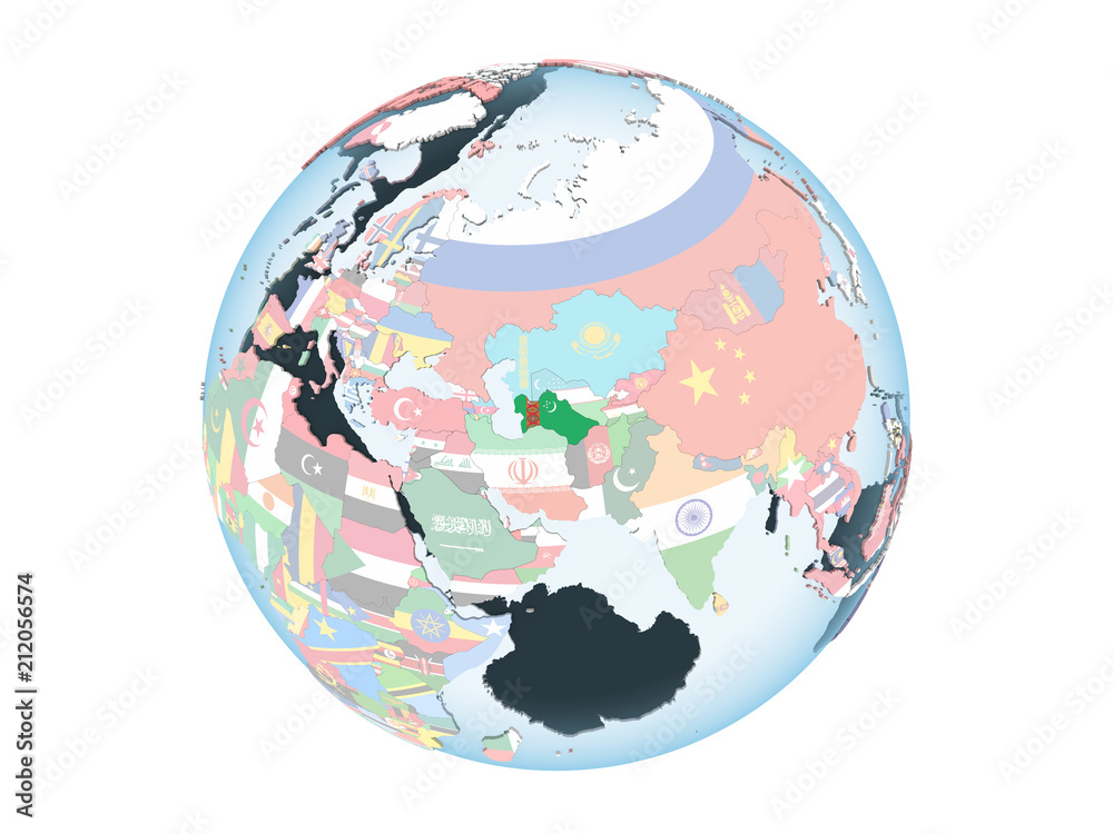Turkmenistan with flag on globe isolated Turkmenistan with flag on globe isolated