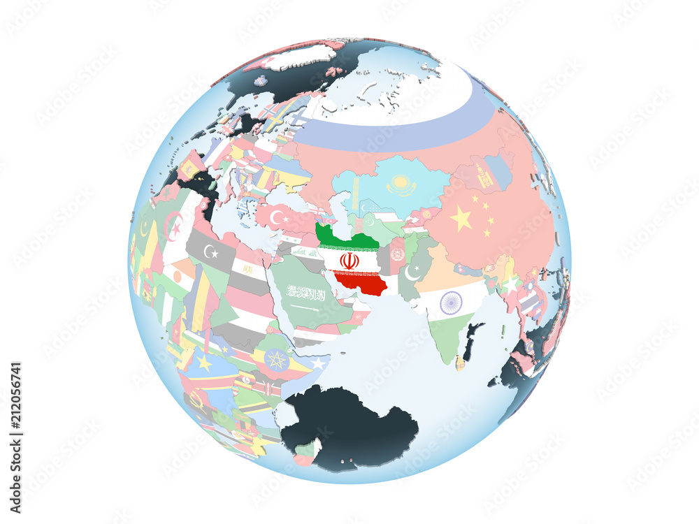 Obraz premium Iran with flag on globe isolated