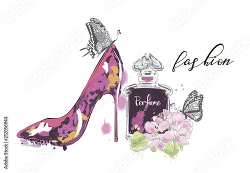 Beautiful card with high heel shoe and perfume bottle. Fashion illustration.