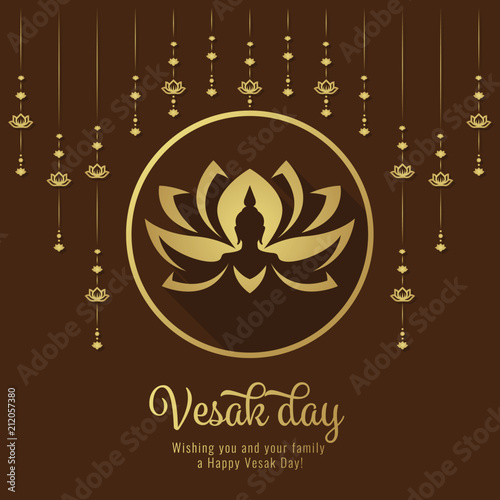 Vesak day banner with Lotus Hangers and Buddha hand on lotus in circle frame sign vector design