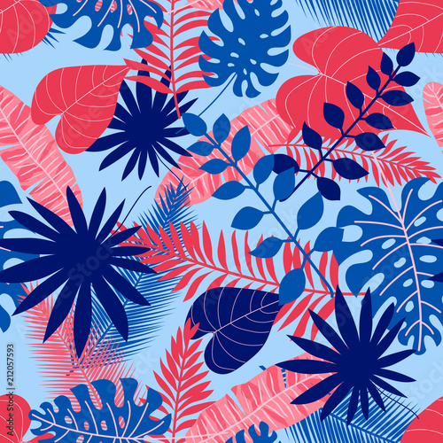 Tropical leaves seamless pattern background for ads or summer sale banner. Tropical exotic leaves on pink background , vector illustration