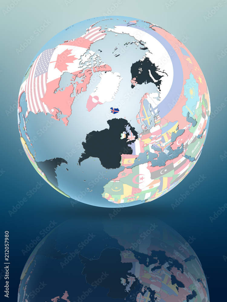 Obraz premium Iceland on globe with flags