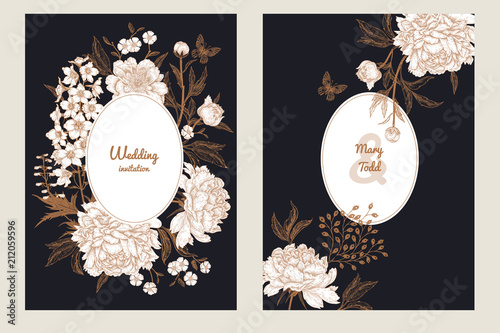 Vintage greeting card with butterfly and flowers set.