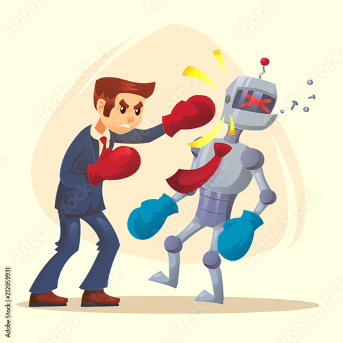 Human male man character win better robot. Vector flat cartoon illustration
