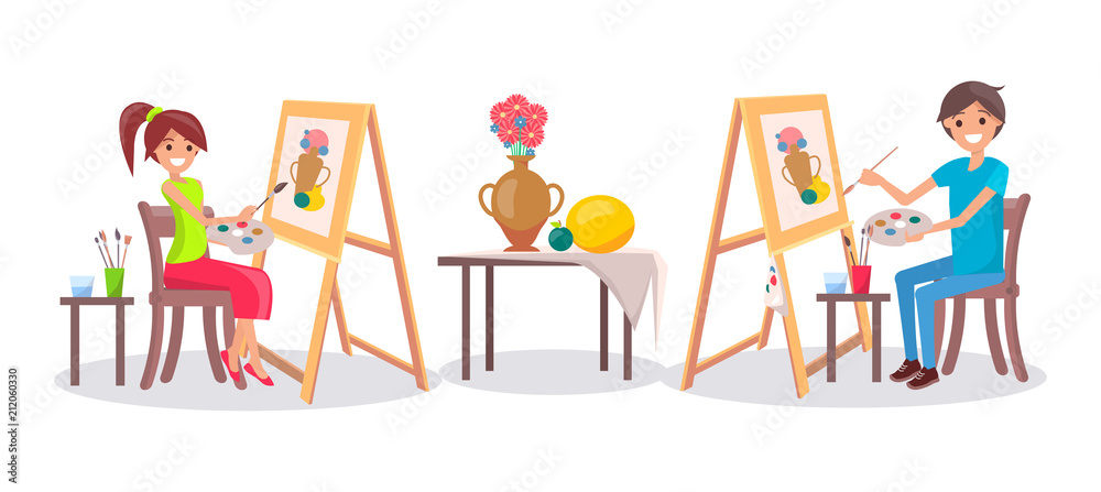 People Draw Still Life Picture of Vase and Fruits People Draw Still Life Picture of Vase and Fruits