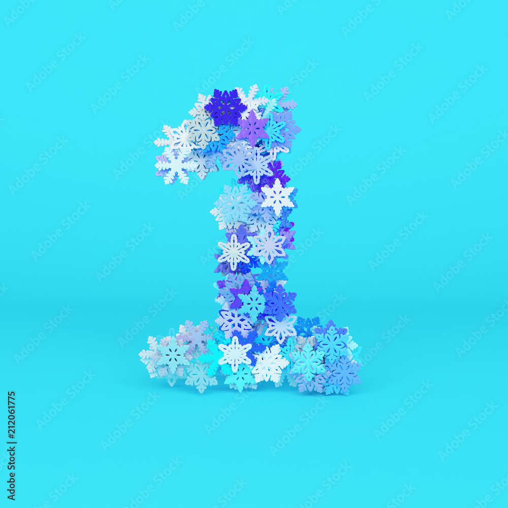 Winter alphabet number 1. Christmas font made of snowflakes. 3D render