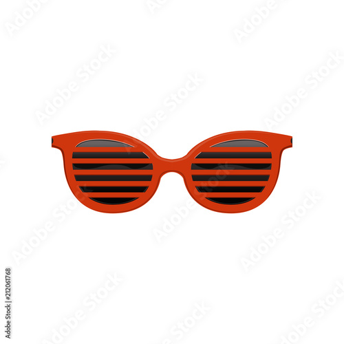 Stylish jalousie sunglasses with red frame and black lenses. Protective eyewear. Fashion accessory. Flat vector design
