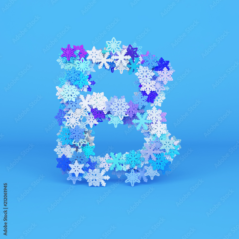 Winter alphabet letter B uppercase. Christmas font made of snowflakes. 3D render.