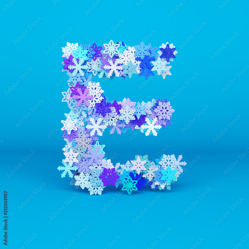 Winter alphabet letter E uppercase. Christmas font made of snowflakes. 3D render.