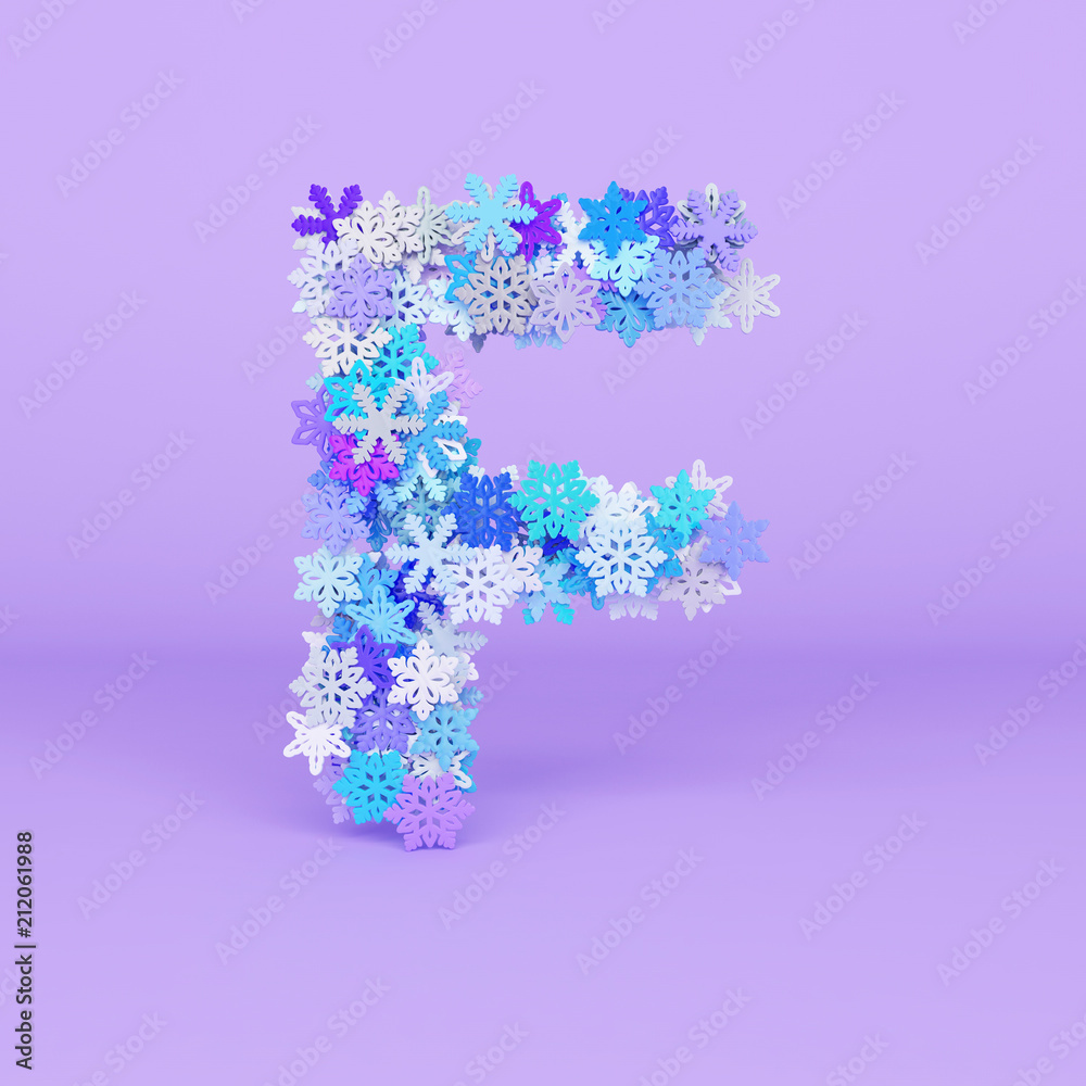 Winter alphabet letter F uppercase. Christmas font made of snowflakes. 3D render.