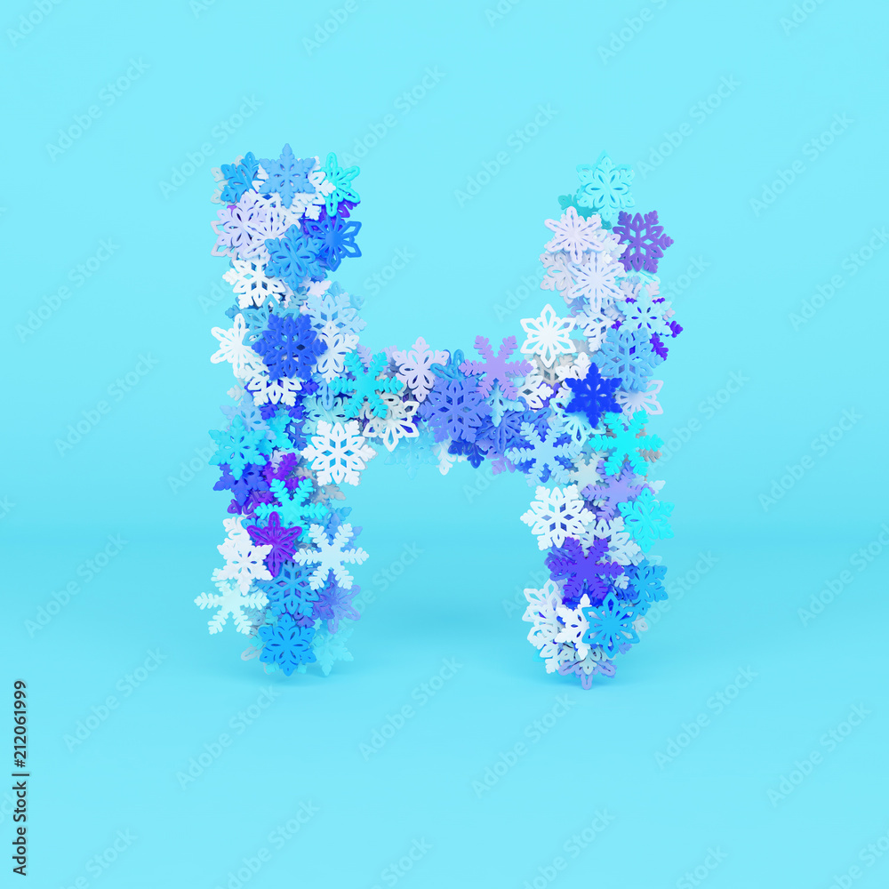 Winter alphabet letter H uppercase. Christmas font made of snowflakes. 3D render.