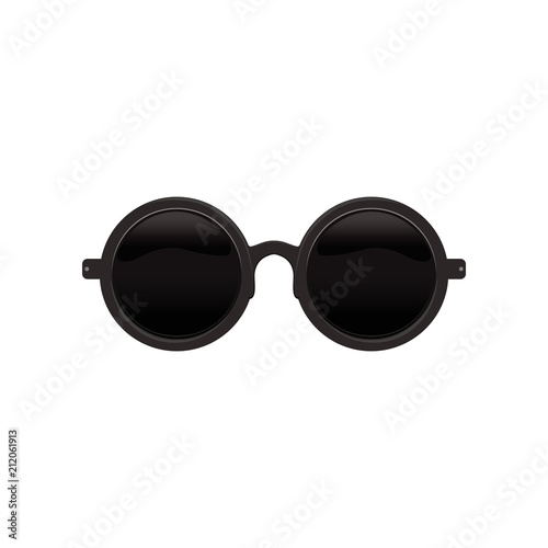 Elegant round/circular sunglasses with black lenses and metal frame. Protective eyewear. Flat vector icon of fashion accessory