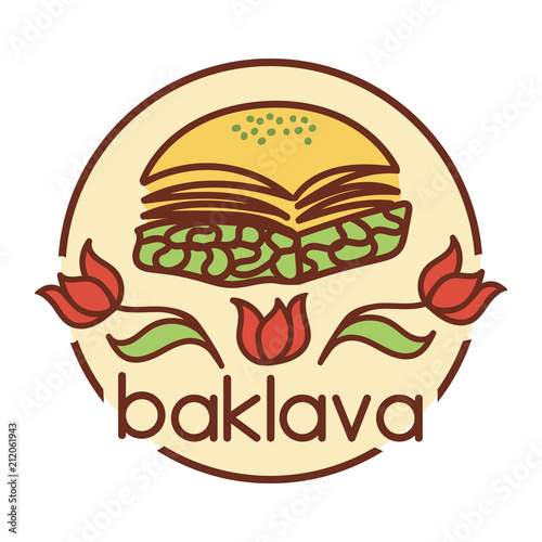 Middle eastern dessert Baklava. Colorful vector illustration with hand drawn doodle elements for minimalistic label, logo, badge or card design for cafe, bakery or street food market.
