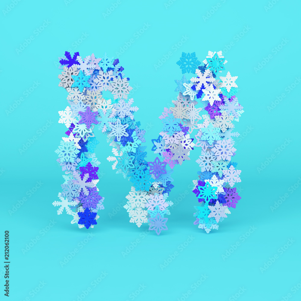 Winter alphabet letter M uppercase. Christmas font made of snowflakes. 3D render.