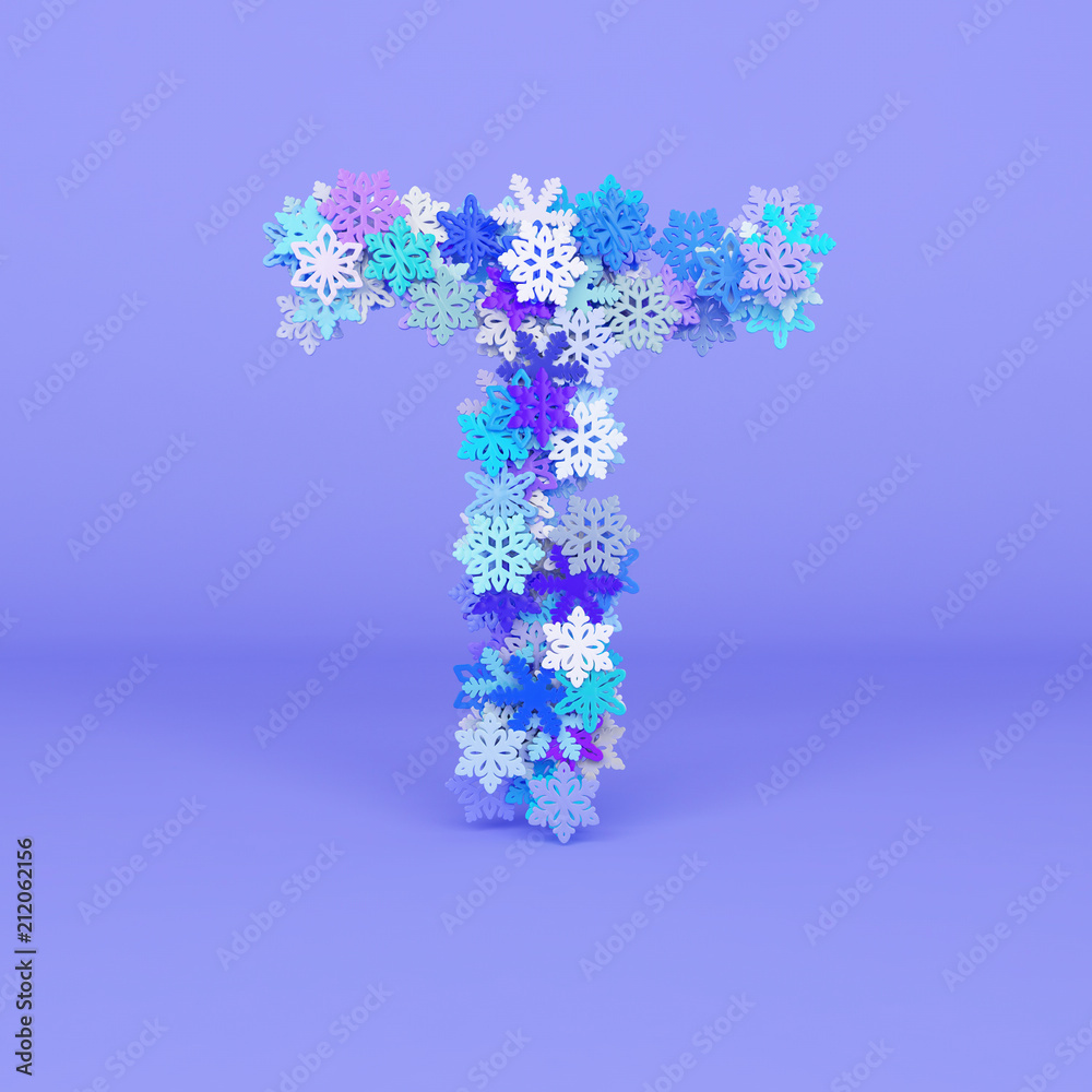 Winter alphabet letter T uppercase. Christmas font made of snowflakes. 3D render.