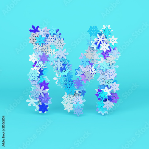 Winter alphabet letter M uppercase. Christmas font made of snowflakes. 3D render.