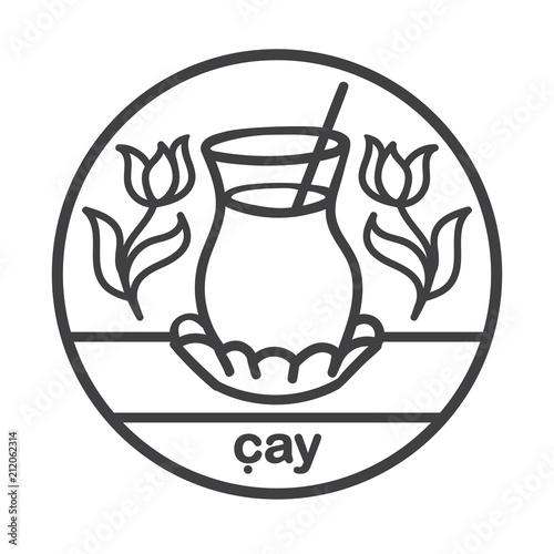 Turkish tea. Modern vector illustration of traditional glass with hot beverage and tulips. Hand drawn doodle elements in a circle frame for label  logo  badge  package  banner or card design.