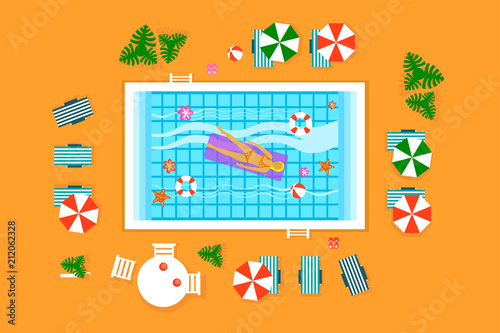 Woman swimming, floating on inflatable mattress swimming pool, top view, beach summer time colorful vector Illustration