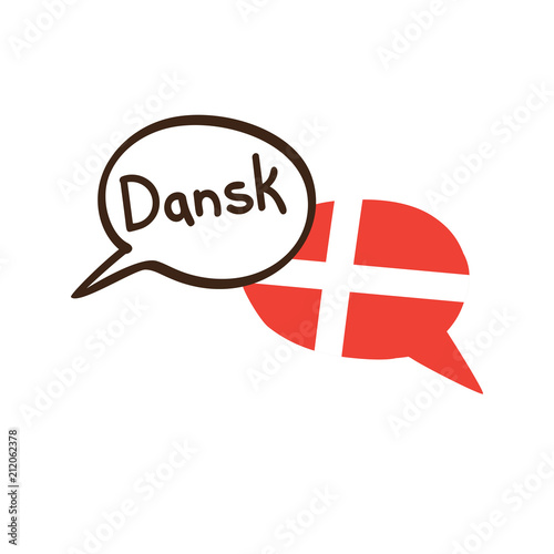 Translation: Danish. Vector illustration of hand drawn doodle speech bubbles with a national flag of Denmark and hand written name of language. Linguistic course or translation agency design