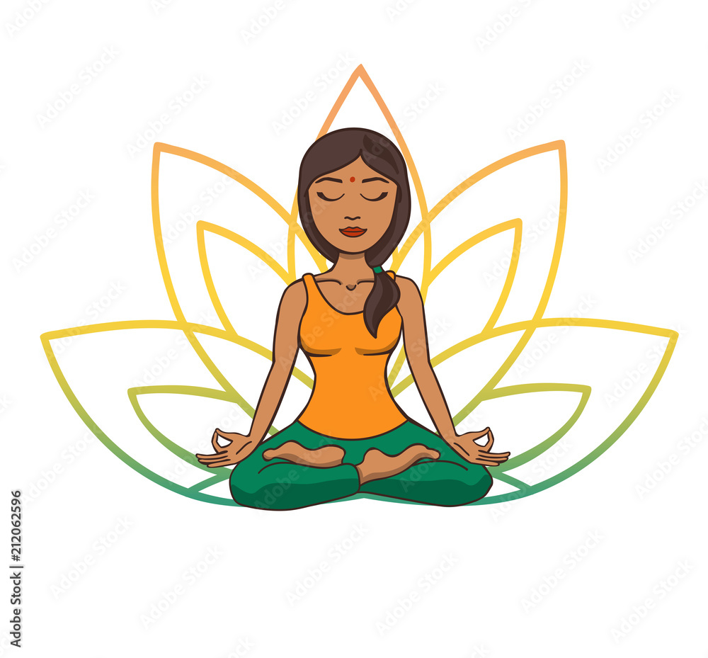 Vector doodle illustration of young cute indian girl meditating in lotus  pose with flower petals behind. Cartoon character for yoga and meditation  practice isolated on white. Stock Vector | Adobe Stock