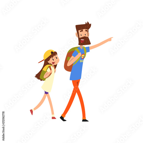 Super hero dad and his daughter with backpacks vector Illustration on a white background