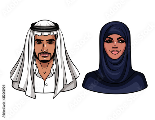 Vector colorful cartoon illustration of muslim couple. Portraits of young man and woman wearing traditional arabic clothes
