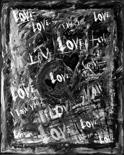 Dessin abstrait en noir et blanc évoquant l'amour passionnel avec des inscriptions Love et des cœurs