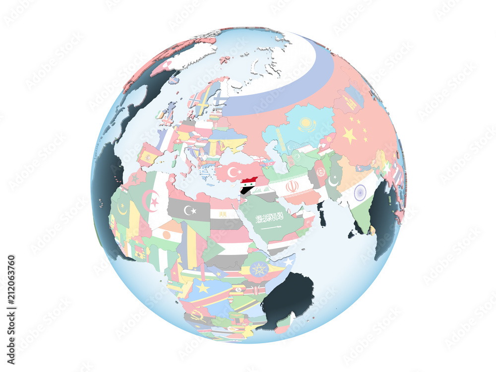 Obraz premium Syria with flag on globe isolated