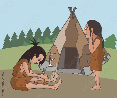 scene of making fire at prehistoric settlement
