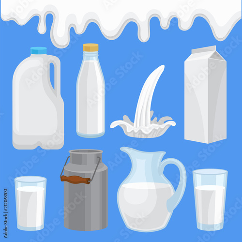 Milk product in various containers set, milk packaging of different shape vector Illustrations in flat style