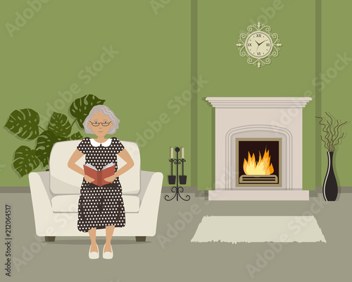 Elderly woman sitting in an armchair and reading a book. There is a fireplace in the green living room. The room also has a vase with decorative branches, wall clock and big flower. Vector image