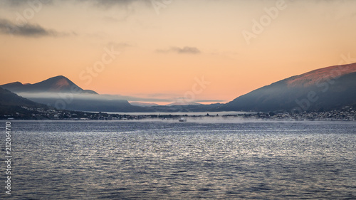 Hareid seen from a ferry on a cold morning