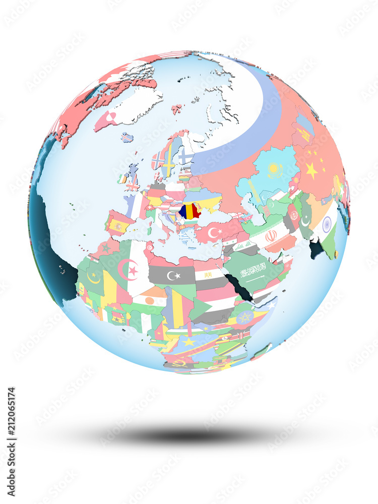 Obraz premium Romania on globe with flags