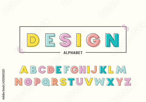 Colorful Alphabet Memphis Style with geometric punchy pastel color. Typeface Font Design for Birthday, Wedding, Baby shower invitation.