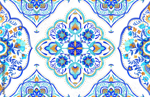 Moroccan medallion seamless tile - aqua, turquoise and gold