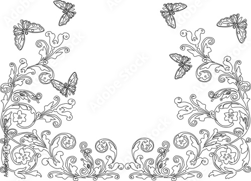 black design with outlines of abstract butterflies and flowers